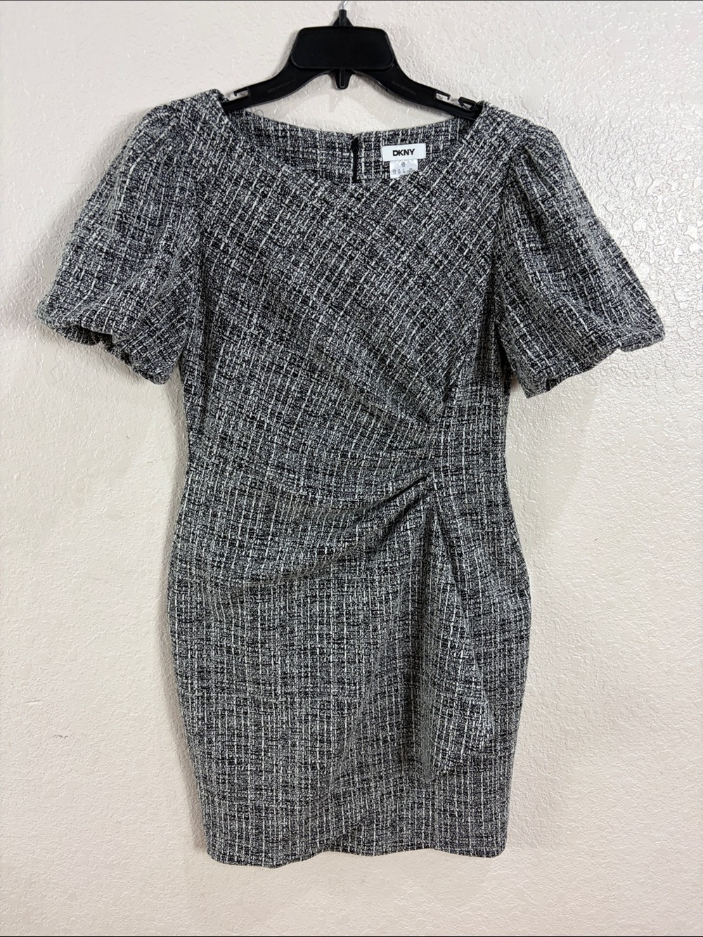 DKNY Black and White Tweed Sheath Dress with Side Ruched Detail,Size 12